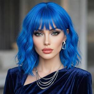 lot 14107 image: Dopdiz Short Bob Wig with Bangs Women Light Blue Wavy Synthetic Heat Resistant