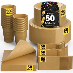 lot 19032 image: Pureegg Plastic Dinnerware Set 350 Pcs Gold for 50 Guests