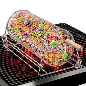 lot 19069 image: Mowei Rolling Grill Basket 304 Stainless Steel 11.3 Inch 2-in-1 Dual Handle