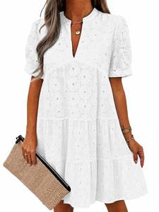 lot 20080 image: Imily Bela Womens Summer Eyelet Lace Babydoll Dress V-Neck Short Sleeve White