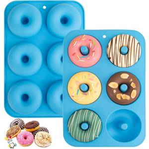 lot 20082 image: Aichoof Non-Stick Silicone Donut Pan 6-Cavity 3-Inch Set of 2 Blue
