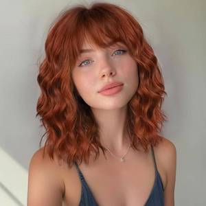 lot 20159 image: MINLEE Auburn Wig with Bangs 14 Inch Short Bob Wavy Synthetic Heat Resistant
