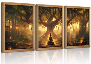 lot 20170 image: Wankele 3 Piece Framed Buddha Bodhi Tree Canvas Wall Art 12x16 16x24 Inches