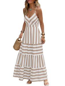 lot 20191 image: Caracilia Womens Striped Spaghetti Strap Maxi Dress V Neck Smocked Back XL