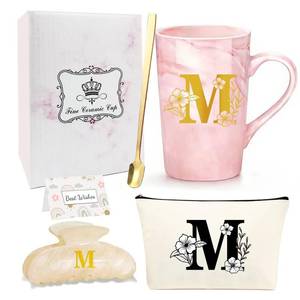 lot 20206 image: 4MELLY Monogram Initial M Ceramic Mug Gift Set 15 Oz With Canvas Makeup Bag