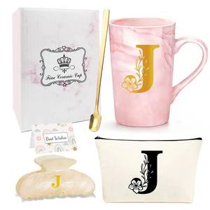 lot 20213 image: 4MELLY Personalized Initial J Monogram Ceramic Mug Gift Set 15oz