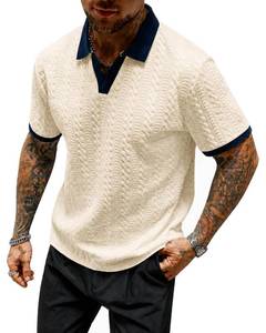 lot 20219 image: Fraxzio Mens Polo Shirt Beige Textured Short Sleeve Johnny Collar XXL