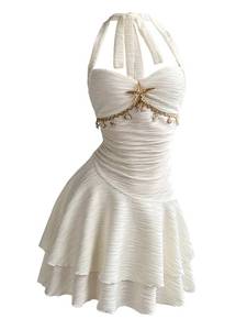 lot 20222 image: BEAUDRM Womens Starfish Ruffle Backless Halter Mini Dress L