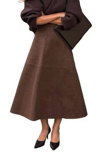 lot 20233 image: CHARTOU Women Long Faux Suede Leather Skirt High Waist A-Line Brown Small