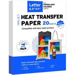 lot 20259 image: Printers Jack Iron-On Heat Transfer Paper Dark & Light Fabric 8.5x11.7 20 Pack