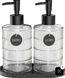 lot 1554 image: Masadi Bathroom Accessory Set w 2 Ribbed Glass Dispenser Bottles & Oval Tray