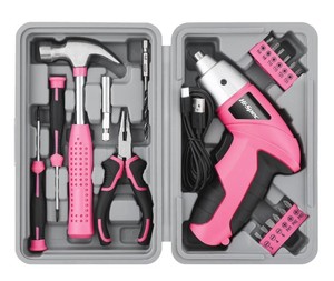lot 13024 image: Hi-Spec 3.6V USB Pink Power Screwdriver Tool Kit w Hammer, Pliers & Bits