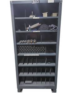lot 102 image: Heavy-Duty Steel 7-Shelf Storage Cabinet w Adjustable Dividers, Open Front