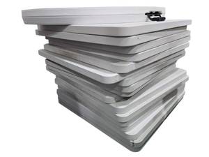 lot 130 image: Lot of White Plastic Folding Tables - Rectangular and Round w Handle -18