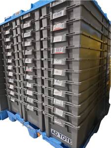 lot 184 image: (72) Gray Plastic Stacking Totes w Handle Label Holders