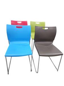 lot 225 image: (4) Stackable Plastic Side Chairs w Chrome Sled Bases  Assorted Colors