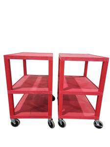 lot 276 image: (2) Uline Red 3-Shelf Plastic Utility Carts on Casters