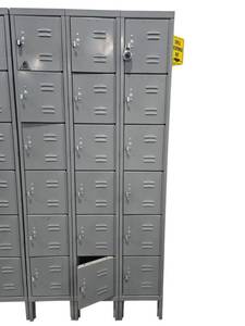 lot 282 image: Gray Steel 6-Tier Locker Units, 3 Columns, 18 Compartments w Louvered Doors