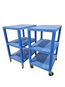 lot 255 image: (2) Uline Blue 3-Shelf Plastic Utility Carts on Casters
