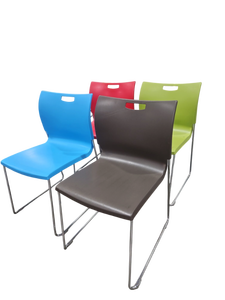 lot 231 image: (4) Stackable Plastic Side Chairs w Chrome Sled Bases  Assorted Colors