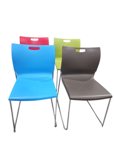 lot 237 image: (4) Stackable Plastic Side Chairs w Chrome Sled Bases  Assorted Colors