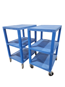 lot 251 image: (2) Uline Blue 3-Shelf Plastic Utility Carts on Casters