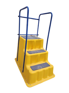 lot 357 image: Premier Plastics 3-Step Yellow Plastic Work Step w Blue Handrails & Casters