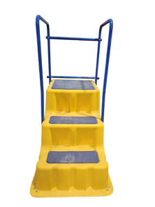 lot 370 image: Premier Plastics 3-Step Yellow Plastic Work Step w Blue Handrails & Casters