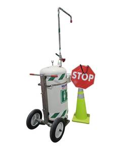 lot 423 image: Hughes Portable Emergency Safety Shower w Wheeled Cart & Overhead Arm