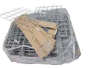 lot 426 image: Lot of Gray Coated Wire Mesh Panels in Cartons, Conveyor Stand Labeled