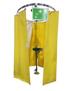lot 461 image: Haws Pedestal Eyewash Station with Overhead Shower Head and Yellow Curtain Enclosure