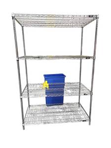 lot 491 image: Uline 4-Tier Chrome Wire Shelving Unit w Adjustable Posts