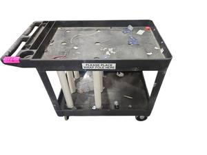 lot 471 image: Black Two-Shelf Utility Cart w Swivel Casters and Attached Gray Waste Bin