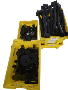 lot 551 image: Lot of Black Steel Disc Bases, Tube Legs and Brackets in Yellow Totes