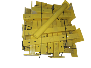 lot 560 image: Lot of Yellow Painted Steel Square Tube Posts w Welded Mounting Plates & Round Post