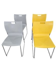 lot 567 image: Set of 4 Stackable Plastic Sled-Base Chairs, 2 Gray & 2 Yellow, Chrome Frames
