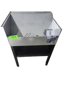 lot 524 image: Galvanized Steel Sloped Bin on Black Steel Stand w Lower Shelf