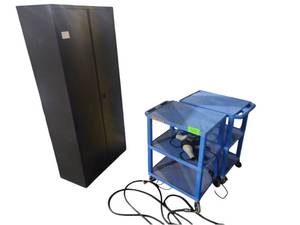 lot 525 image: Black 2-Door Metal Storage Cabinet w Two Blue 3-Shelf Utility Carts
