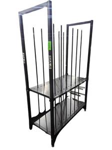 lot 527 image: Black Steel Two-Tier Rolling Rack Cart w Vertical Divider Rods