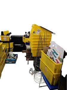 lot 703 image: Lot of Yellow Nesting Totes w Assorted Office, Tape & Facility Supplies