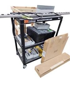 lot 714 image: Black 3-Shelf Rolling Cart Labeled Parts Cage Cart 1 w Fuse Organizer & Bins