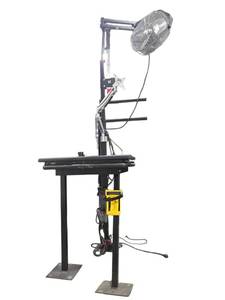 lot 715 image: Standing Workstation Stand w VIVI Keyboard Tray, Monitor Arm, TPI Industrial Fan