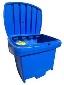 lot 643 image: Uline H-8806 Blue Plastic Storage Bin w Hinged Lid and High-Visibility Apparel