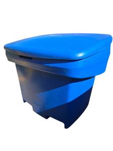 lot 644 image: Uline H-8806 Blue Plastic Storage Bin w Hinged Lid and High-Visibility Apparel