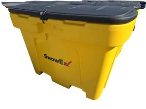 lot 645 image: SnowEx Yellow Polyethylene Storage Bin w Black Hinged Lid