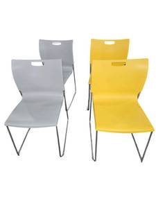 lot 593 image: Set of 4 Stackable Plastic Sled-Base Chairs, 2 Gray & 2 Yellow, Chrome Frames