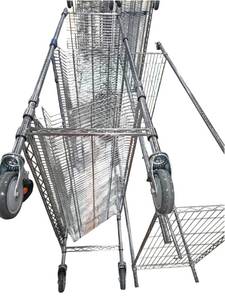 lot 605 image: Uline Chrome Wire Rolling Rack w Hanging Wire Dividers on Casters