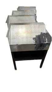 lot 727 image: Lot of 4 Metal Stands with Angled Bin Tops and Black Open Lower Shelf