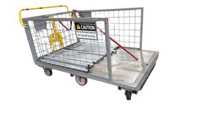 lot 731 image: Wire Mesh Caged Platform Cart on Casters with Loaded Roller Conveyor Sections