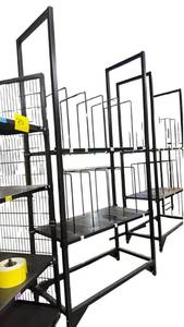 lot 740 image: Black Metal Frame Shelving Unit with Vertical Divider Rods and Label Tags